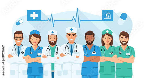 Diverse Team of Healthcare Professionals Standing Together with Medical Icons 1.