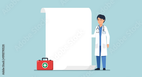 Doctor presenting medical information on a large blank sheet with first aid kit.