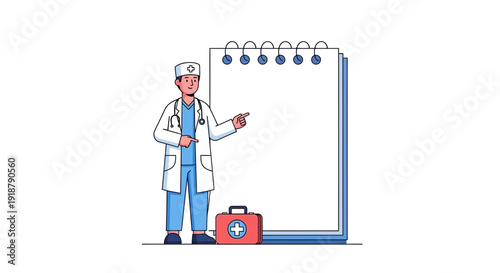 Doctor Presenting Medical Information on a Notepad with First Aid Kit.