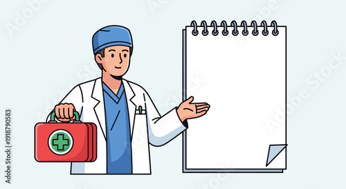 Doctor with First Aid Kit Presenting Information on Notepad.