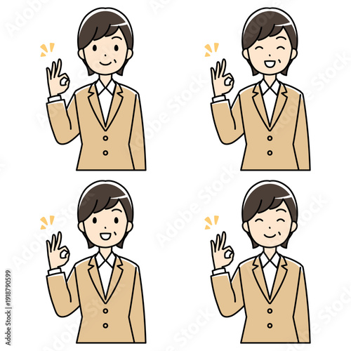 笑顔でOKサインをするスーツの中年女性のイラスト