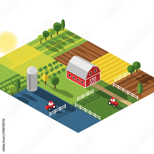 Isometric farm landscape with red barn and tractors.
