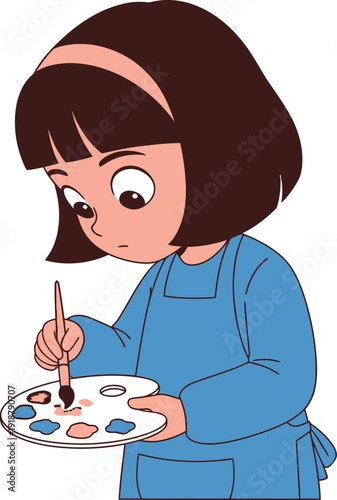 Young girl painting with a palette of colors and a brush.