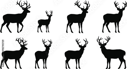 Deer silhouettes with antlers, wildlife poses, forest animal vector illustration design for outdoor themes and nature artwork