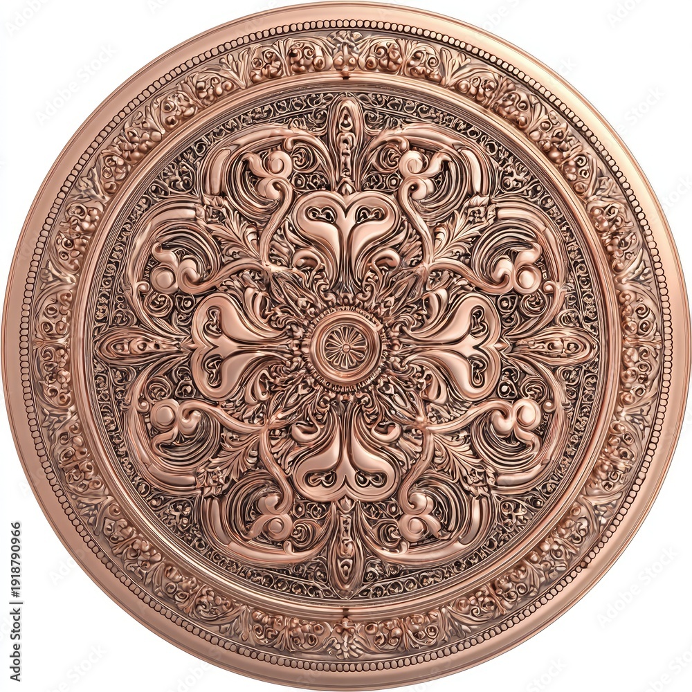 Obraz premium Intricate, circular, embossed ornament with floral and stylized elements in bronze