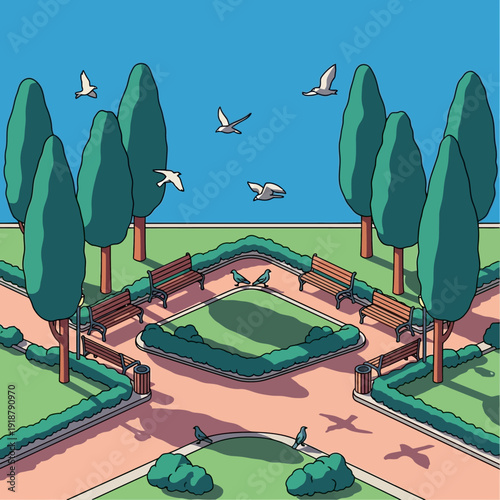 Serene park scene with trees and benches by the water.