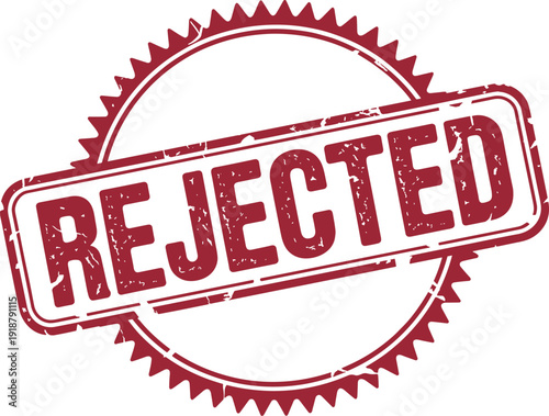 Grunge Rejected Stamp Illustration: Distressed Design Element for Denied Applications, Disapproval Notices, and Quality Control Alerts in Bold Red Hue, Conveying Official Decisions