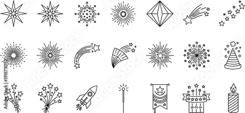 Fireworks and celebration line icon set featuring firecrackers, rockets, sparklers, shooting stars, party hats, and festive holiday elements for New Year anniversary event