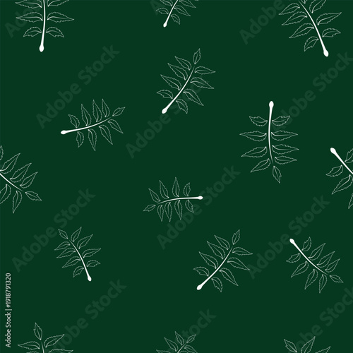 Luxury seamless vector pattern with white Neem leaves on dark forest green background. Traditional Ayurvedic herbal plant texture for organic product branding.