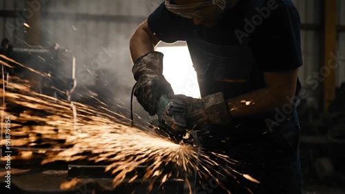 An industrial worker expertly grinds metal with a powerful angle grinder, generating a spectacular cascade of golden sparks during the demanding fabrication process