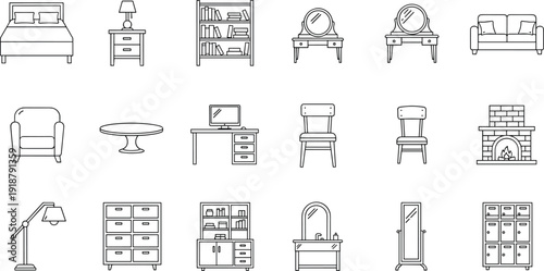 Furniture and home decor line icon set featuring bed, sofa, desk, chair, bookshelf, fireplace, mirror, and lamp symbols for interior design and e-commerce