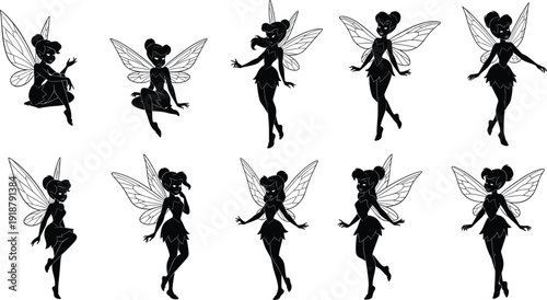 Fairy icon silhouettes with wings in diverse poses, magical fantasy figures symbolizing imagination, creativity, enchantment, childhood wonder, mystical charm, storytelling