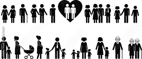 Family icon silhouettes showing couples, parents with children, stroller, elderly figures, symbolizing diversity, love, care, unity, relationships, support, community