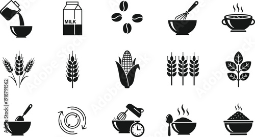 Food and cooking ingredient icons set, milk coffee wheat corn mixing bowl and hot meal symbols collection vector