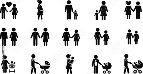 Family parenting silhouette vector illustration, diverse icons showing adults and children in caregiving roles, modern inclusive family concept design