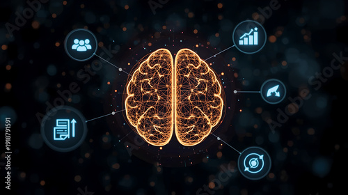 Artificial intelligence concept showing glowing digital brain connected to business and data icons.