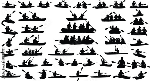 Kayaking and canoeing silhouettes, single paddlers, pairs, rafting groups, diverse paddling actions, water sport vector illustration artwork design