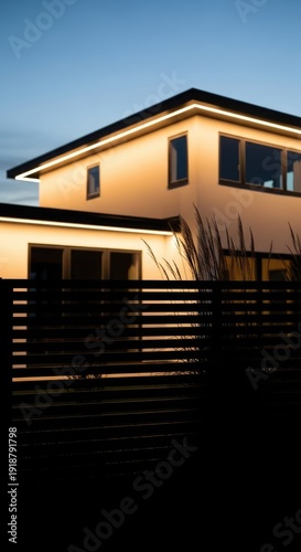 Modern House Illuminated at Dusk.