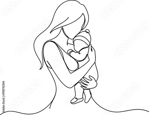 Minimalist line art vector illustration of mother holding baby, nurturing care symbol, parenthood affection design, family protection icon motif