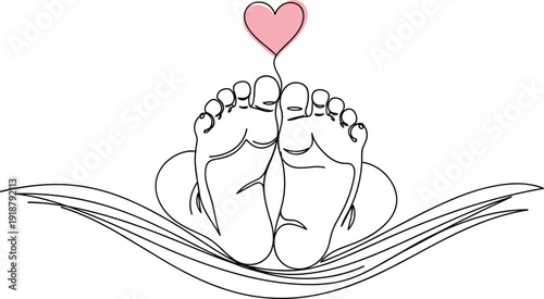 Minimalist line drawing of baby feet resting on open hands with pink heart, symbolic parental love, care and infant protection design