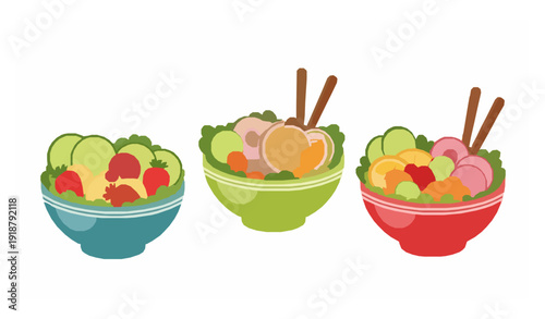 Cute cartoon fruit and vegetable salad bowls vector set isolated on white background