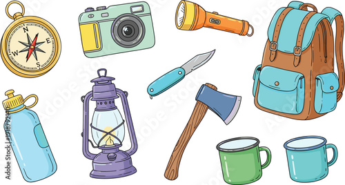 Camping and outdoor adventure gear set with backpack, lantern, compass, camera, axe, water bottle and mugs on white background.