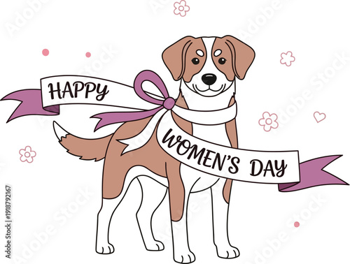 Adorable cartoon dog wearing a pink ribbon sash wishing everyone a very happy international women's day celebration with cheerful decorations