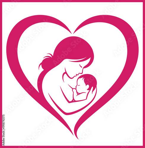 Mother and baby heart silhouette vector illustration, pink design showing maternal love, care, tenderness, protection and emotional bonding concept