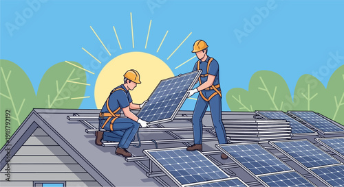 Two workers in safety gear installing solar panels on a residential rooftop under a bright sunny sky, promoting renewable energy.
