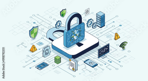 Isometric illustration of digital security concept with padlock, network, data protection, and various technology icons.