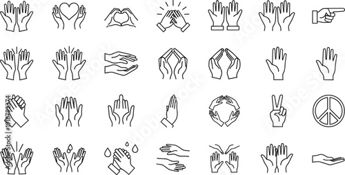 Hand gesture and human interaction line icon set featuring heart shapes, applause, praying hands, washing, peace sign, and diverse communication symbols for interface design