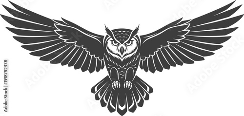 Owl silhouette vector illustration with spread wings, flying bird artwork design, decorative black graphics, wisdom and mystery symbol