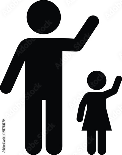 Parent and child silhouette vector illustration, simplified figures waving, family-friendly design symbolizing care, guidance and pedestrian zone concept