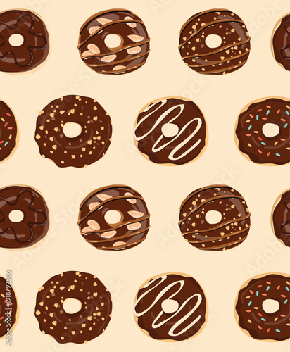 Chocolate Donuts seamless pattern, doughnut, can be used for wallpaper, background, Wrapping backdrop, vector illustration