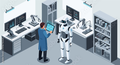 A scientist in a lab coat interacting with a humanoid robot in a modern research laboratory with advanced technology and equipment.