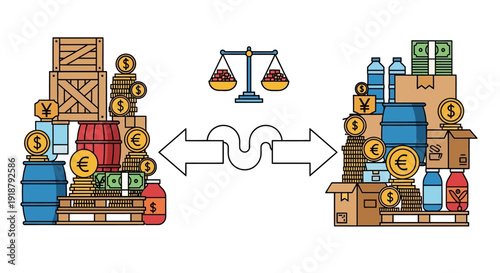Illustration of global trade, import, and export with goods, money, and a weighing scale symbolizing economic balance and exchange.