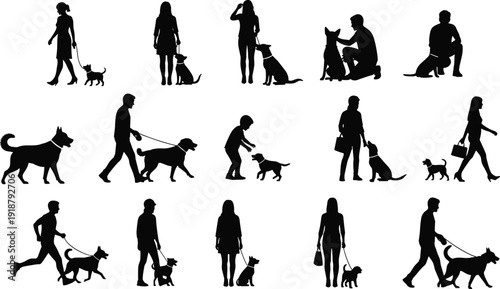 People silhouettes with dogs, walking, petting, playing, human and pet bond, everyday activities, vector illustration design concept