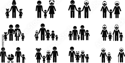 Pictogram icons of diverse family structures including parents, children, grandparents, same-sex couples, inclusive representation, modern lifestyle concepts