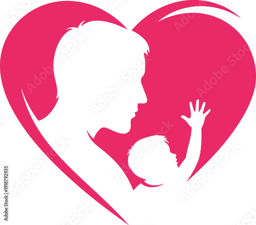Pink heart with adult and child silhouettes, parental love vector illustration for family, care, protection, parenting, child welfare themes