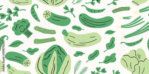 Farm agricultural local food, green vegetables from farm, local market seamless pattern. Hand drawn simple doodle illustration. Farming, agriculture or local organic production set. No gmo, healthy.