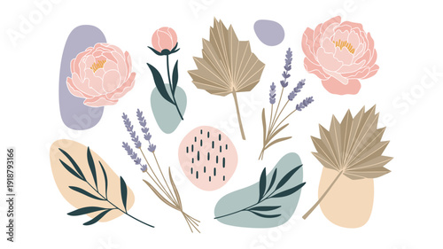 A beautiful collection of delicate pastel floral elements and abstract shapes, perfect for modern bohemian design projects and invitations.