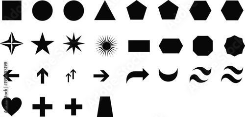 Geometric shapes, arrows, stars, moon, heart, plus sign, symbols, icons, black silhouette, vector illustration design collection