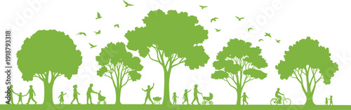 Green silhouette vector illustration of park scene with trees, birds, people walking, cycling, strollers, children, pets, outdoor community design artwork