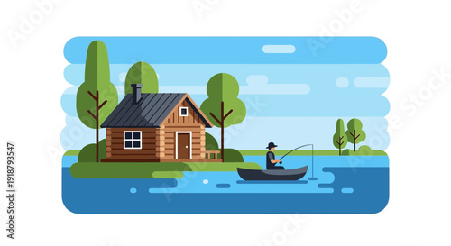 Person fishes from boat near wooden house and trees.