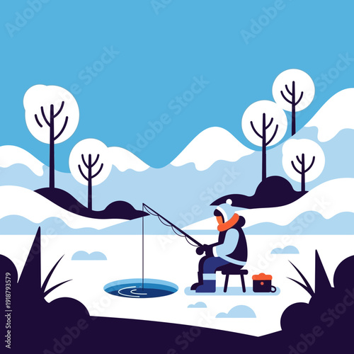 Person ice fishing in a snowy winter landscape with trees.