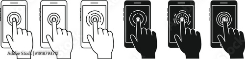 Touch screen smartphone gesture icons in outline and solid styles for mobile app user interface design