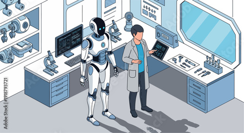 A scientist and a humanoid robot collaborating in a modern laboratory with advanced equipment, illustrating AI and robotics research.