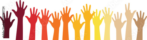Raised hands vector illustration in gradient skin tones, diversity unity symbol, inclusion community participation, equality awareness design, social support icon