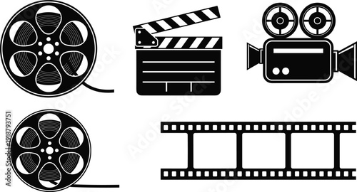 Vintage cinema production icon set with film reels clapperboard movie camera and film strip solid symbols
