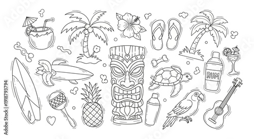 Black and white line art collection of tropical and Hawaiian themed elements including tiki mask, palm trees, surfboard, pineapple, and cocktails.